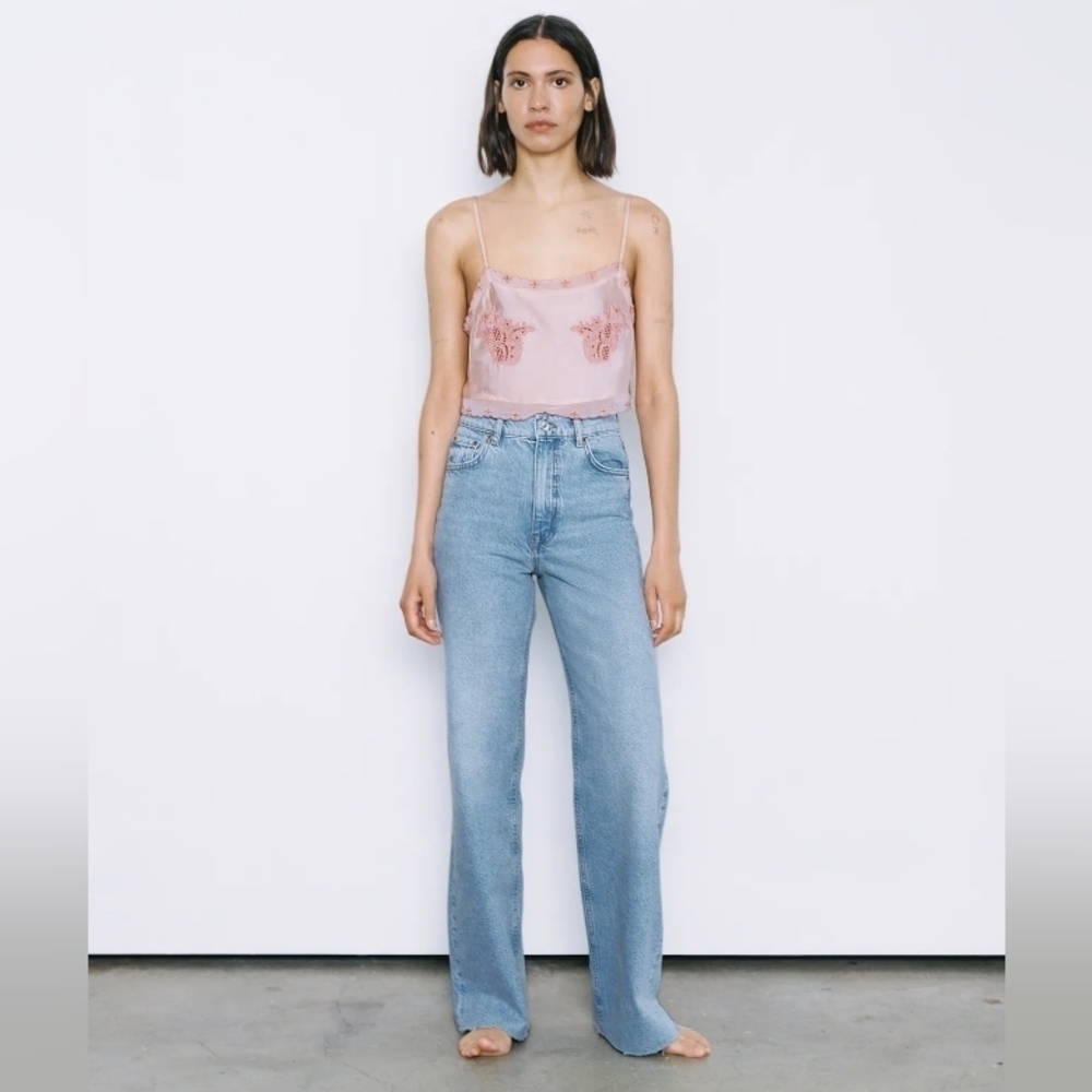 Zara The 90's Full Length High Rise Wide Leg Unfinished Hem Women Jeans NWOT